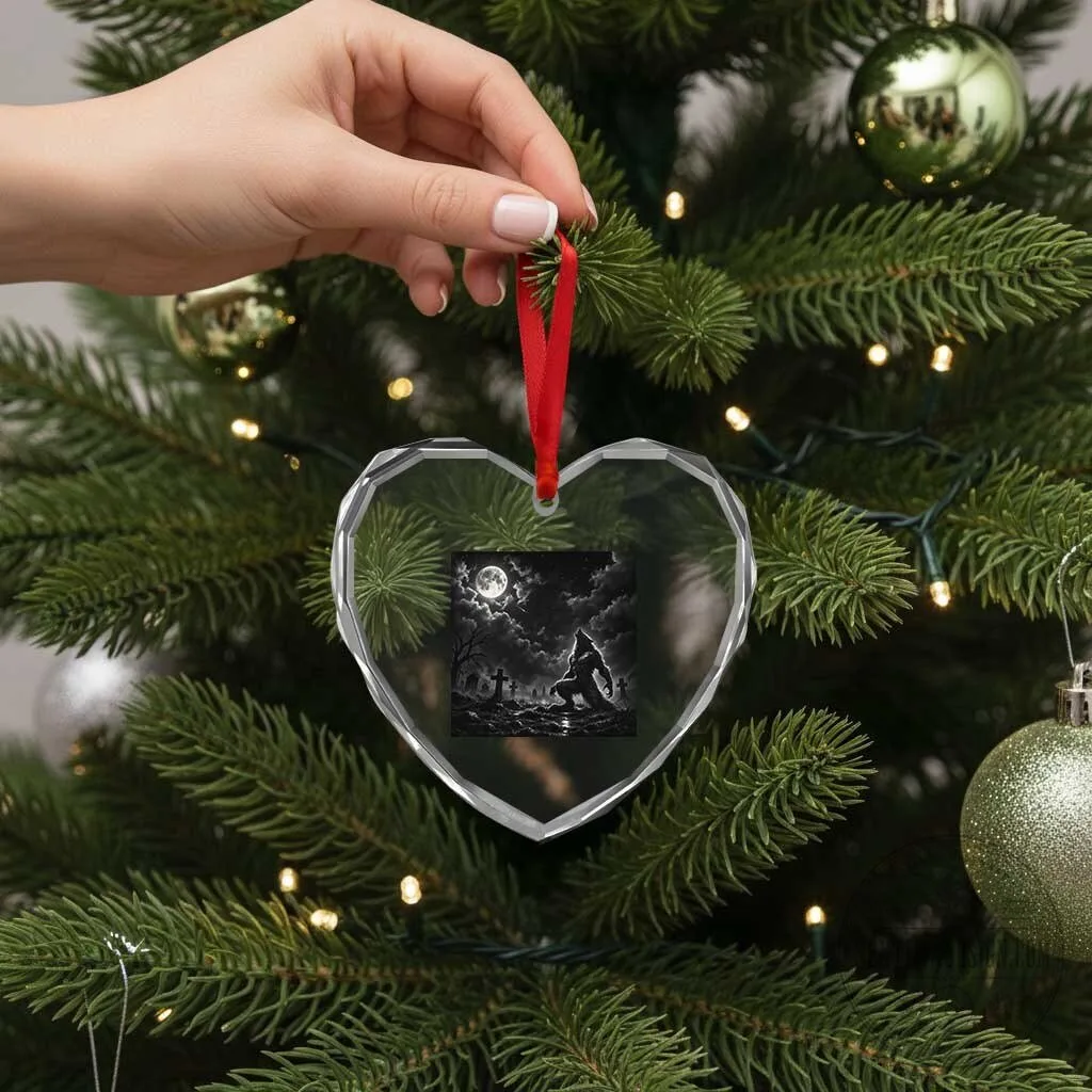 Werewolf Howling at Full Moon Graveyard Halloween Heart Crystal Glass Ornament 12 Werewolf Howling at Full Moon Graveyard Halloween Heart Crystal Glass Ornament