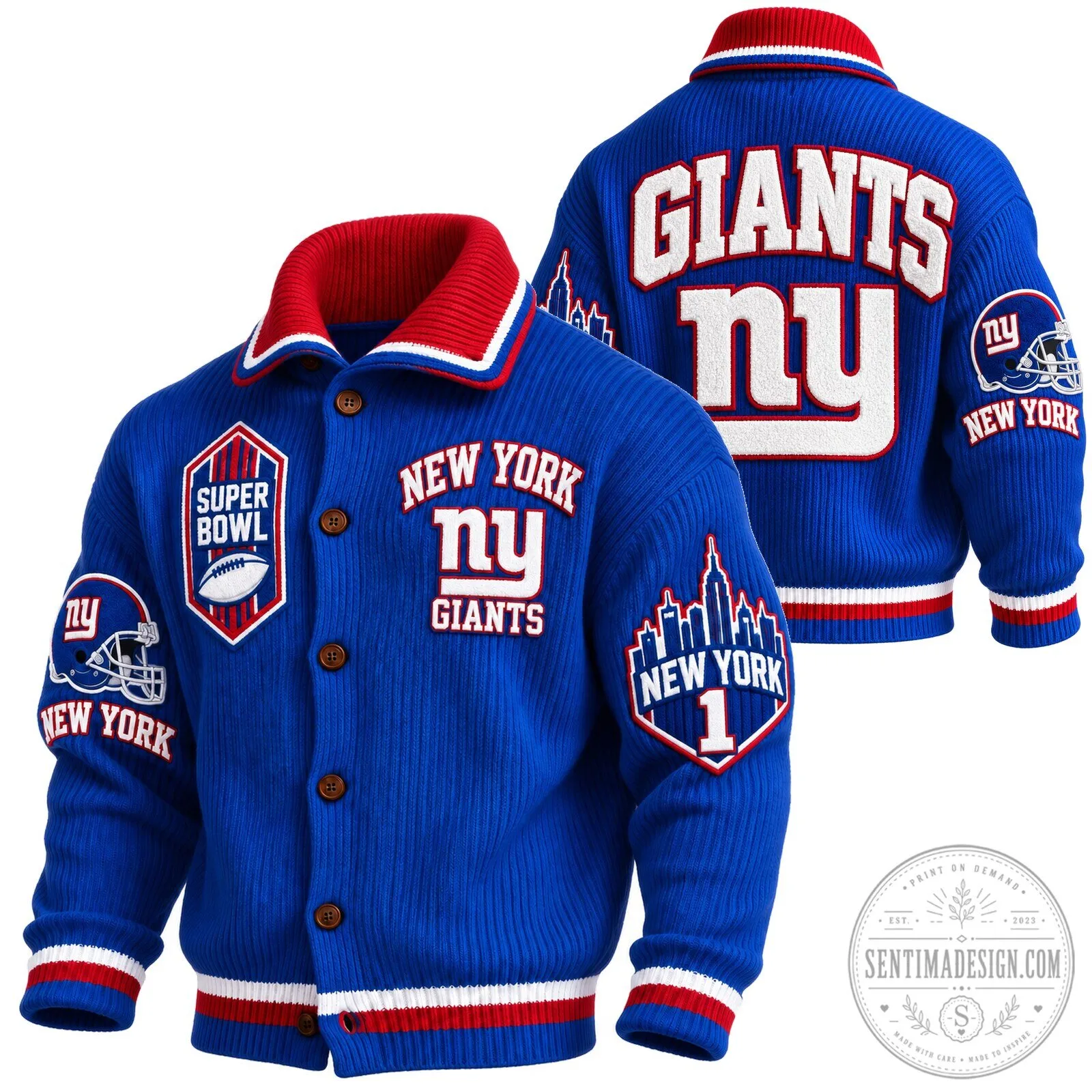 New York Giants Super Bowl Blue Knit Cardigan Jacket with Button Closure 1 New York Giants Super Bowl Blue Knit Cardigan Jacket with Button Closure