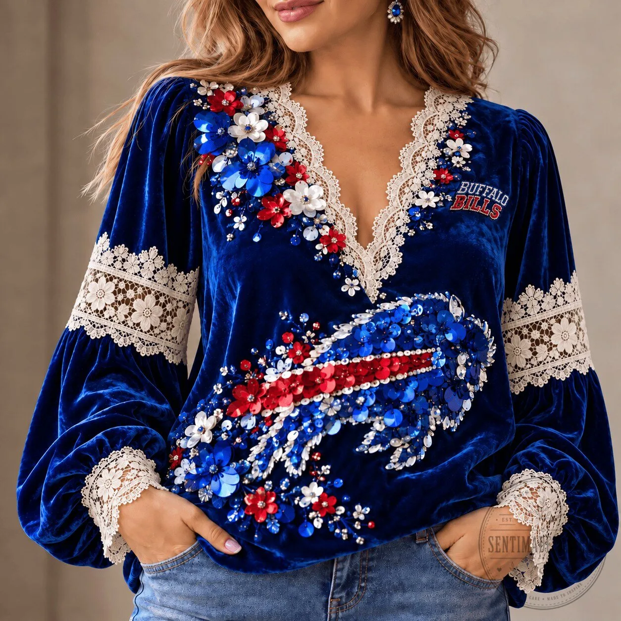 Buffalo Bills Sequin Embellished Velvet Lace Trimmed Women's Blouse Top 2 Buffalo Bills Sequin Embellished Velvet Lace Trimmed Women's Blouse Top