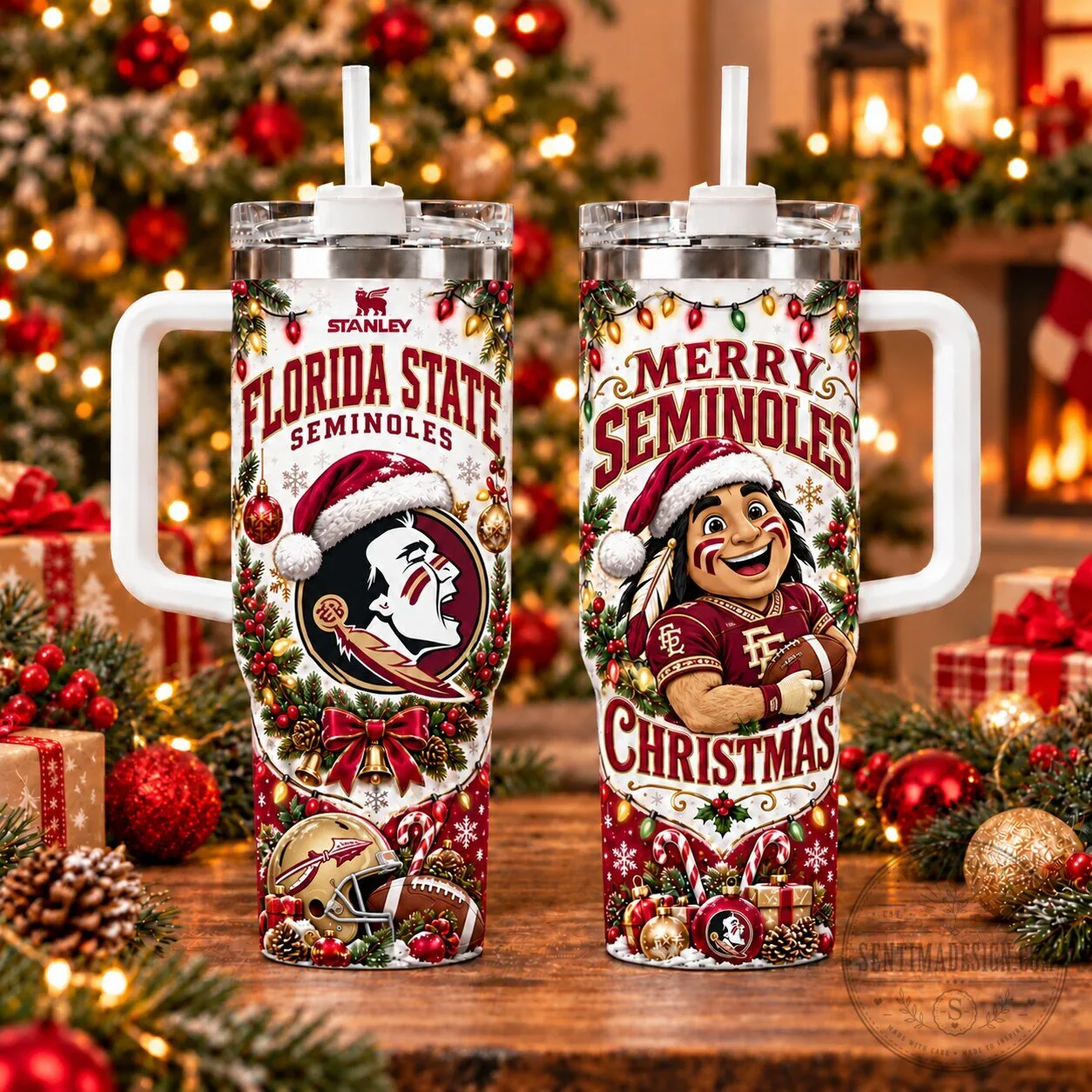 Florida State Seminoles Christmas Holiday 40oz Tumbler with Handle and Straw 3 Florida State Seminoles Christmas Holiday 40oz Tumbler with Handle and Straw