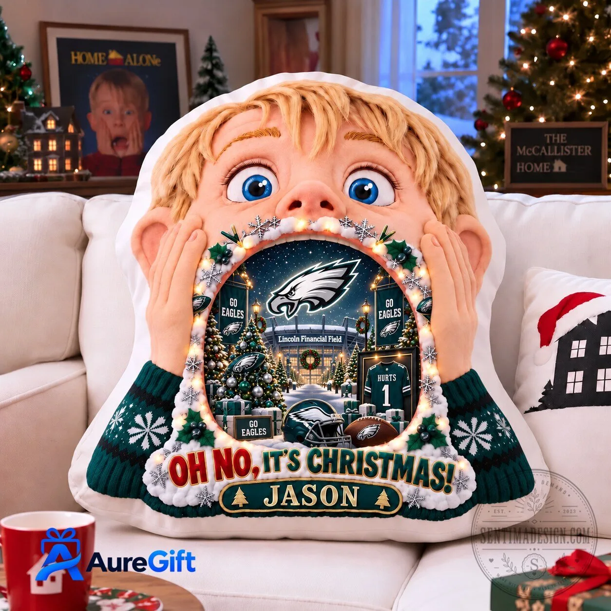 Philadelphia Eagles Home Alone Christmas Personalized Kevin McCallister Shaped Pillow