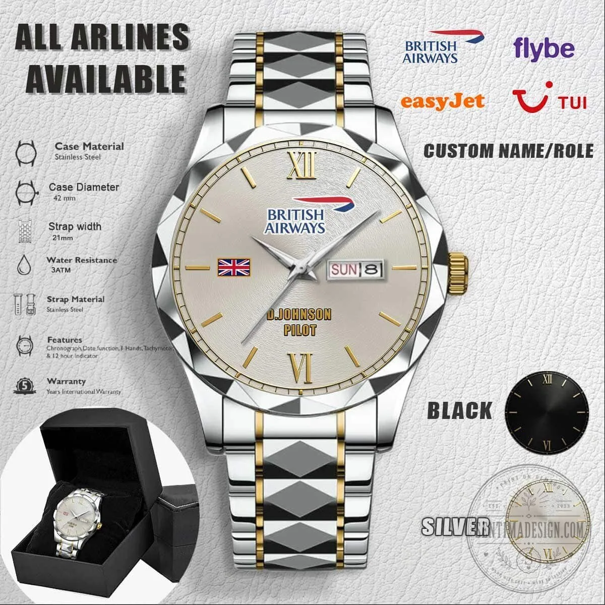 British Airways Pilot Custom Engraved Stainless Steel Watch