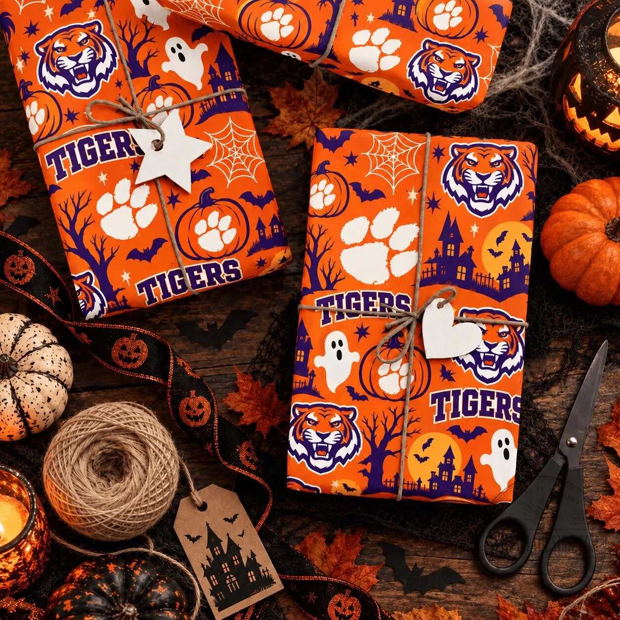 Clemson Tigers Halloween Gift Wrapping Paper with Pumpkins and Ghosts