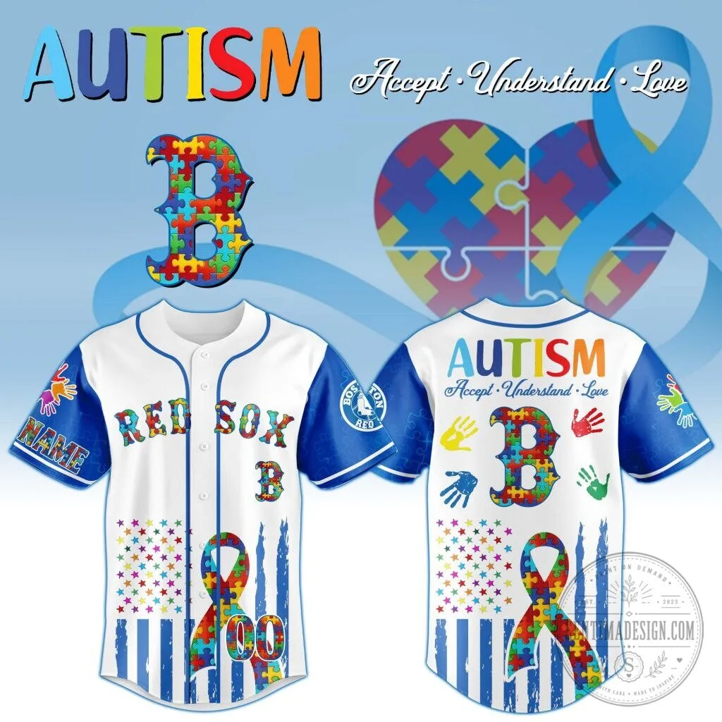 Boston Red Sox Autism Awareness Puzzle Pattern Personalized Baseball Jersey