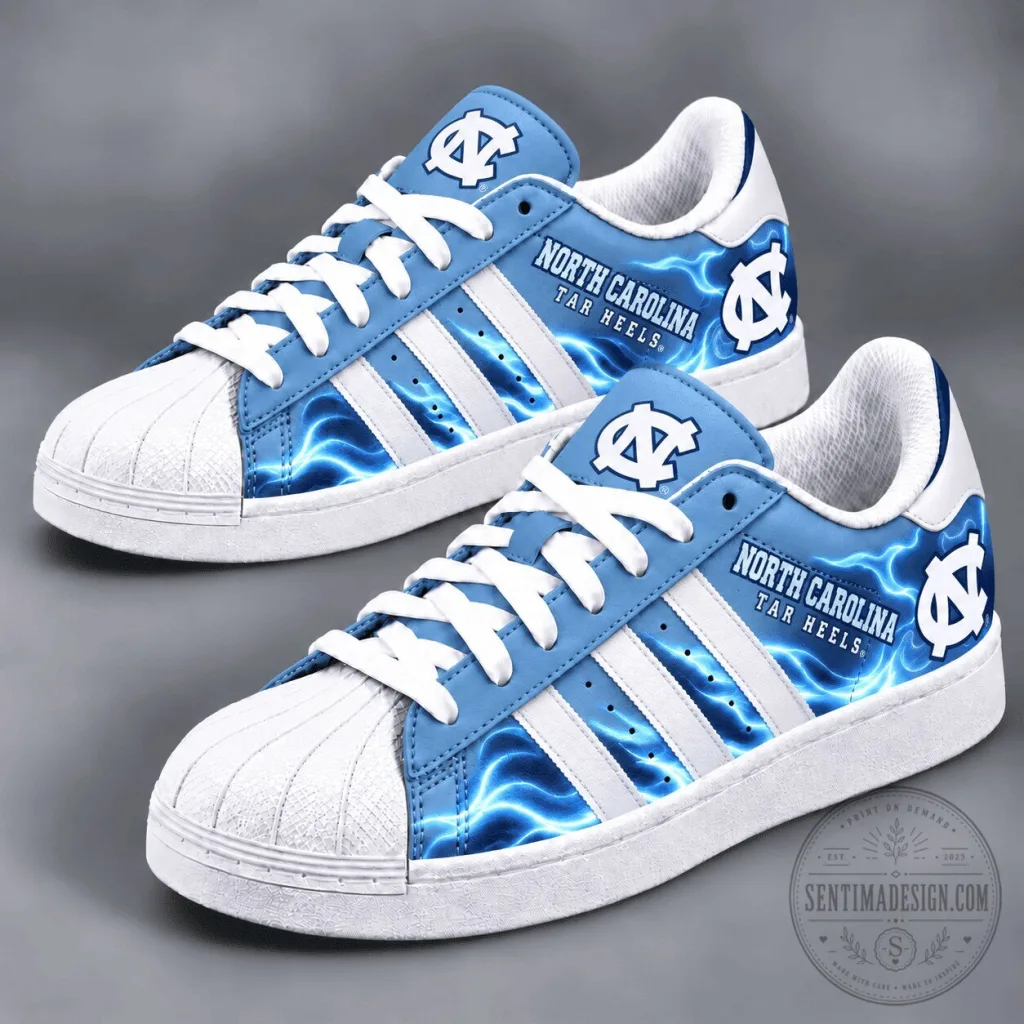 North Carolina Tar Heels Lightning Print White Stripe Sneakers Shoes North Carolina Tar Heels Lightning Print White Stripe Sneakers Shoes
