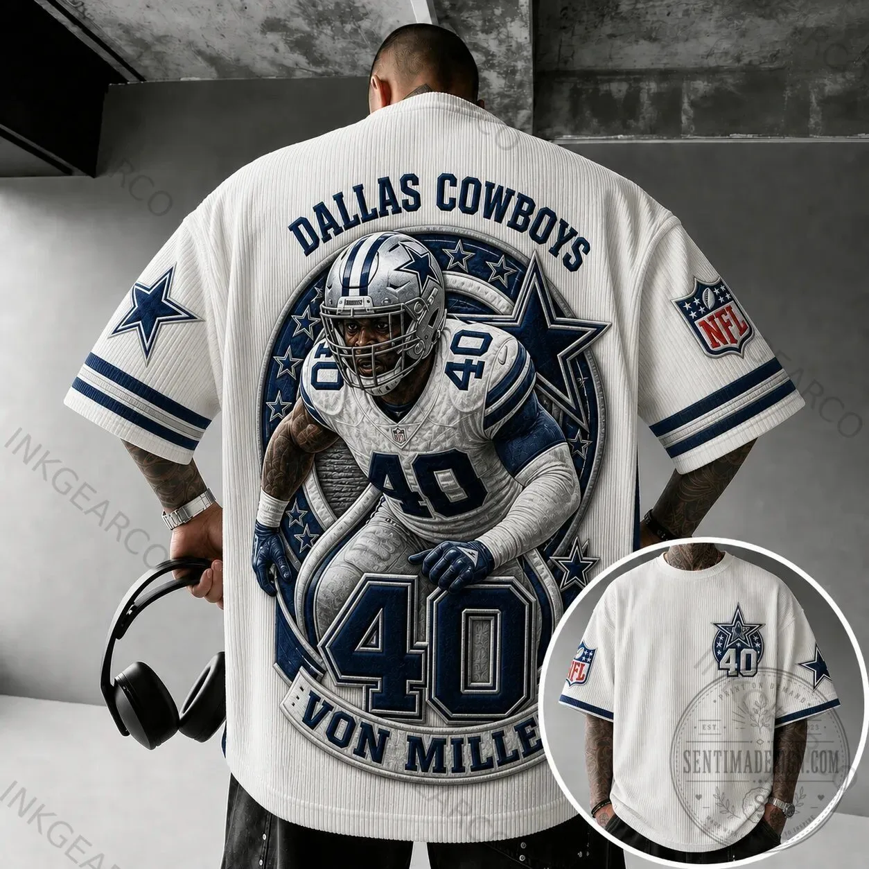 Dallas Cowboys Von Miller NFL Football Player White Vertical Stripe T-Shirt