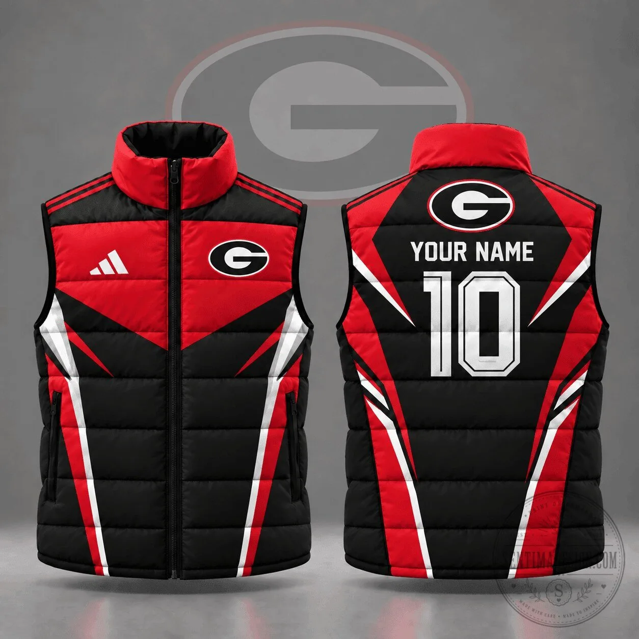 Georgia Bulldogs Custom Name Number Geometric Colorblock Full Zip Puffer Vest
