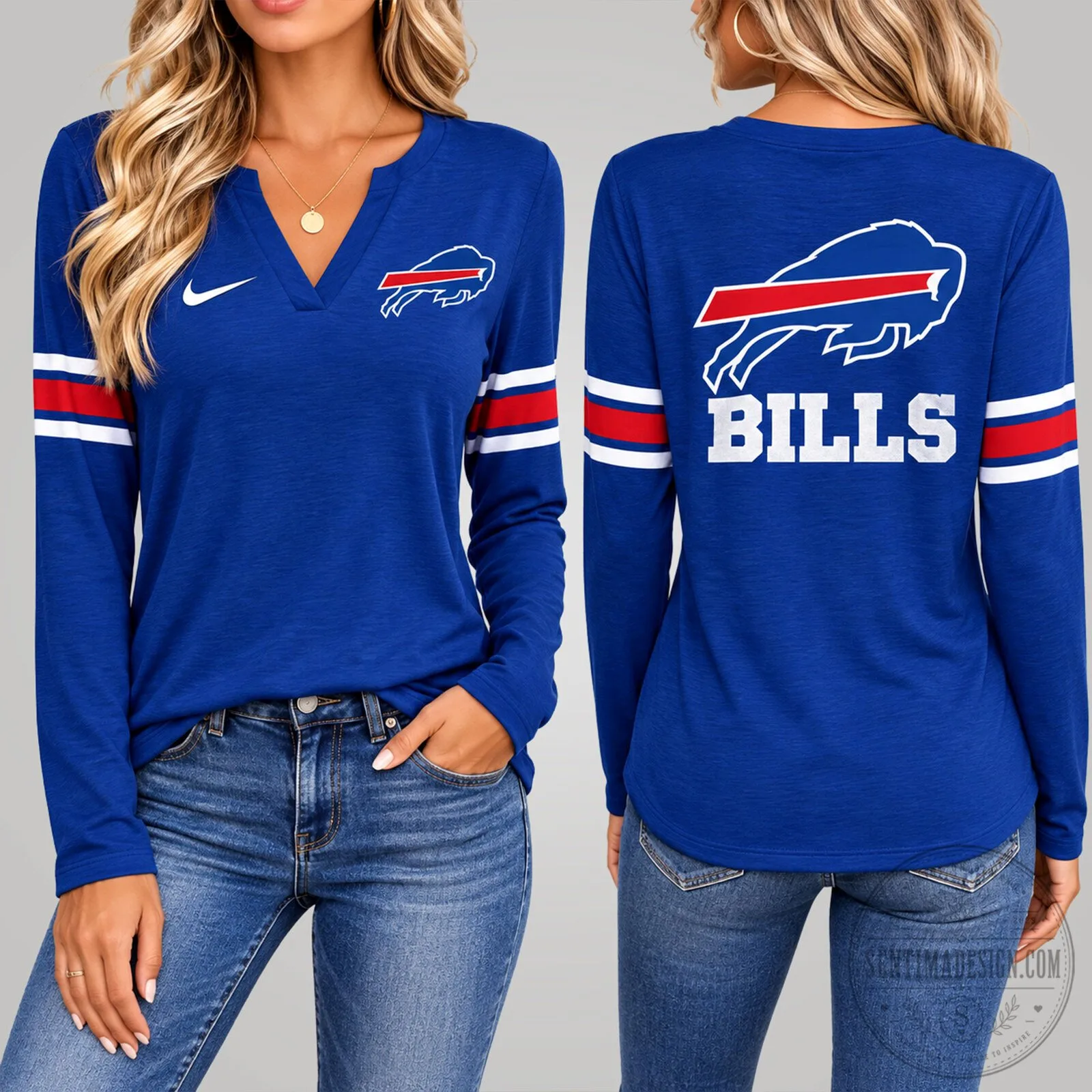 Buffalo Bills NFL Football Team Women's Vintage V-Neck Long Sleeve Fan Shirt