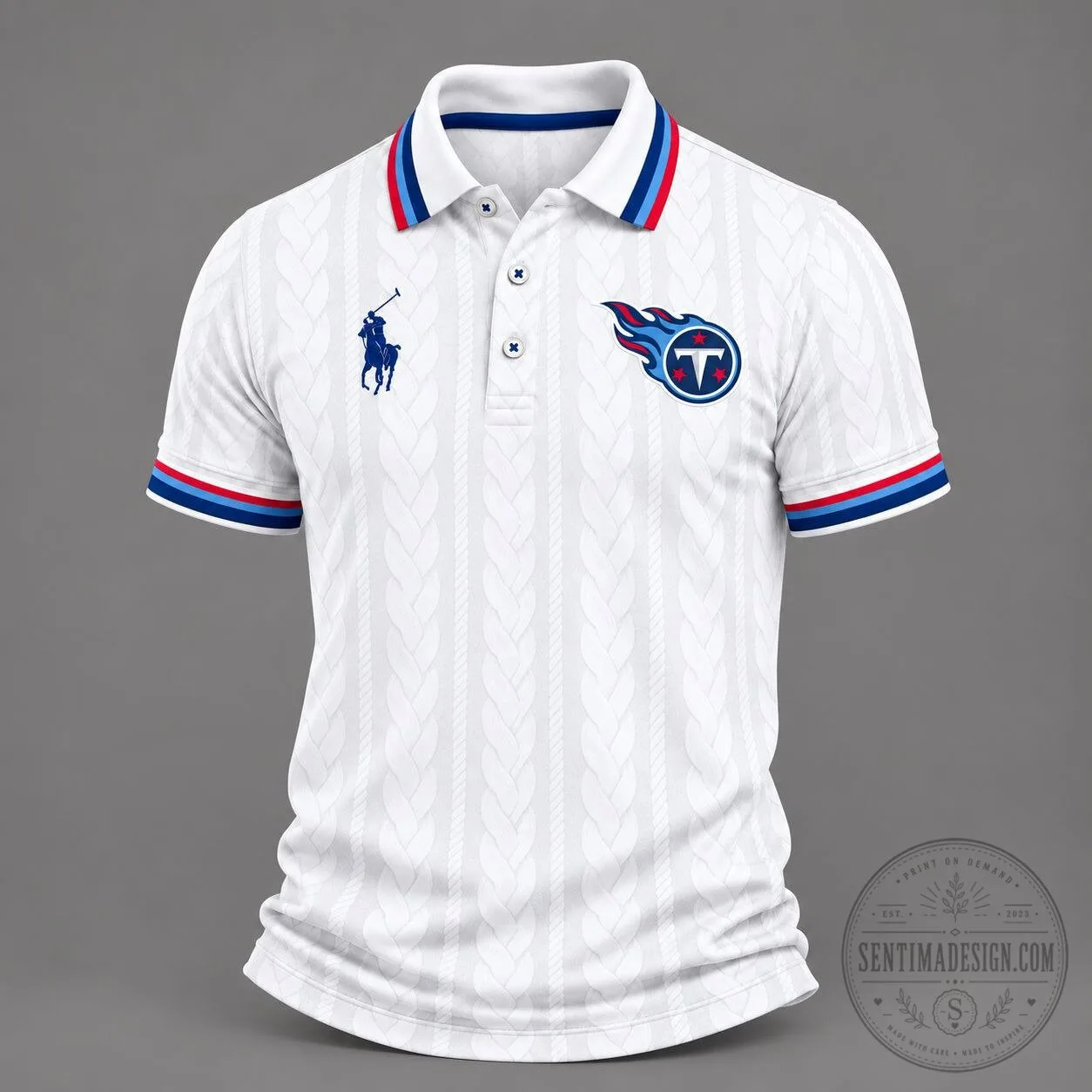 Tennessee Titans NFL Team Logo White Cable Knit Polo Shirt