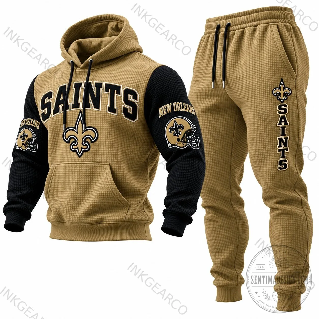 New Orleans Saints Football Team Gold Waffle Knit Hoodie and Jogger Pants Set 1 New Orleans Saints Football Team Gold Waffle Knit Hoodie and Jogger Pants Set