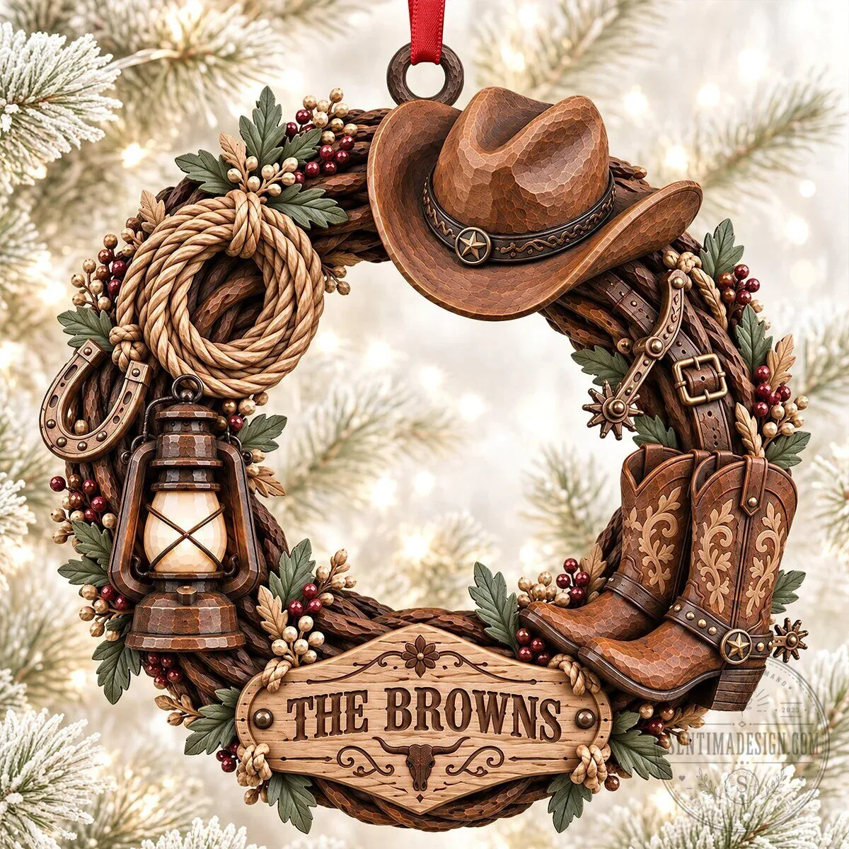Personalized Cowboy Western Wreath Christmas Tree Ornament for The Browns Family 6 Personalized Cowboy Western Wreath Christmas Tree Ornament for The Browns Family