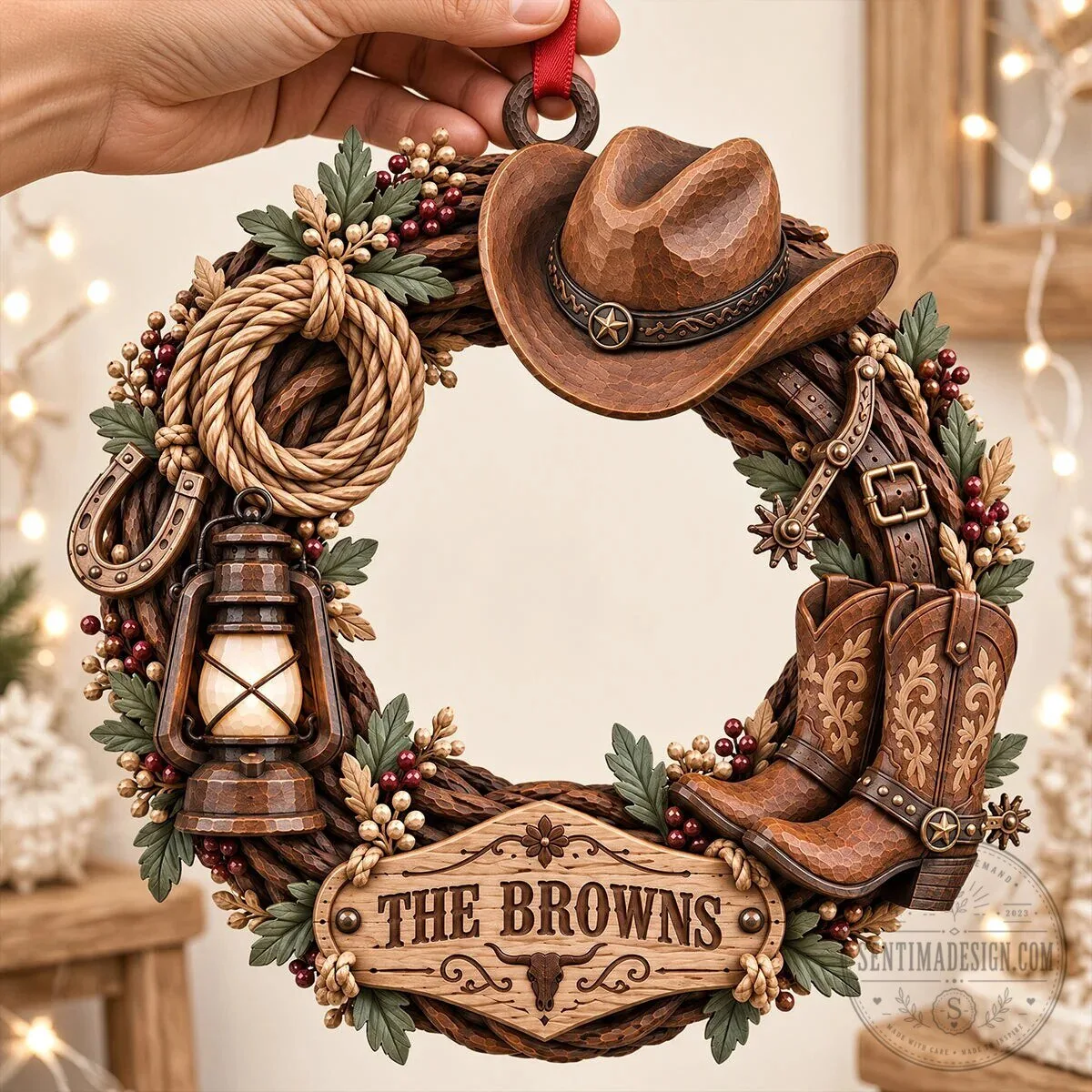 Personalized Cowboy Western Wreath Christmas Tree Ornament for The Browns Family 7 Personalized Cowboy Western Wreath Christmas Tree Ornament for The Browns Family