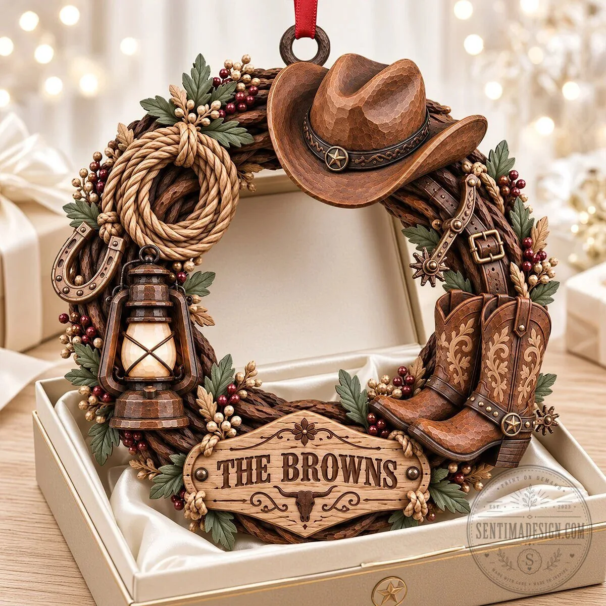 Personalized Cowboy Western Wreath Christmas Tree Ornament for The Browns Family 8 Personalized Cowboy Western Wreath Christmas Tree Ornament for The Browns Family