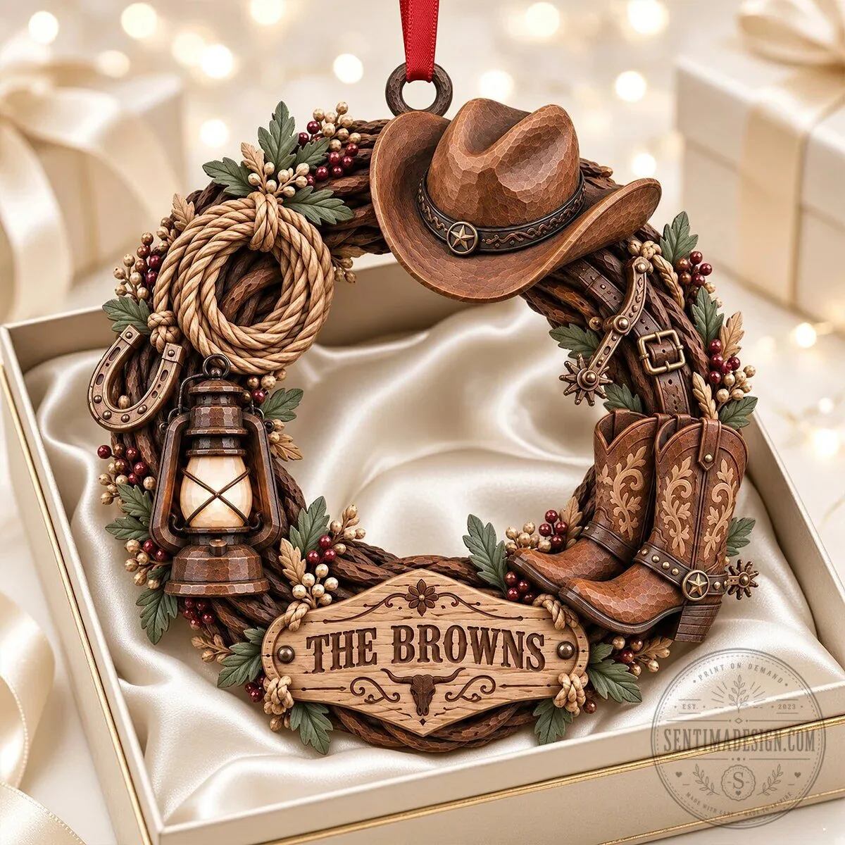 Personalized Cowboy Western Wreath Christmas Tree Ornament for The Browns Family 9 Personalized Cowboy Western Wreath Christmas Tree Ornament for The Browns Family