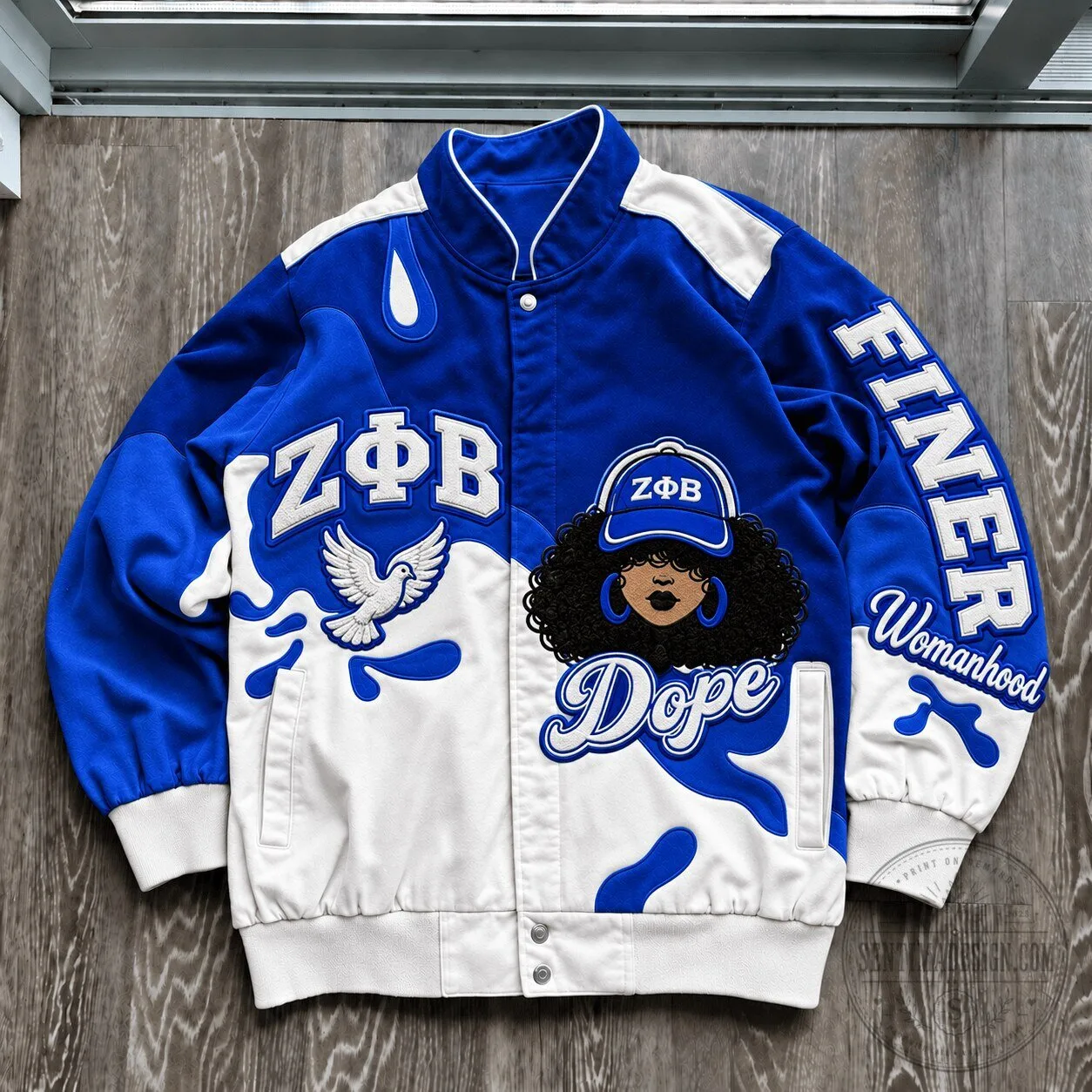Zeta Phi Beta Sorority Royal Blue and White Finer Womanhood Varsity Jacket 3 Zeta Phi Beta Sorority Royal Blue and White Finer Womanhood Varsity Jacket